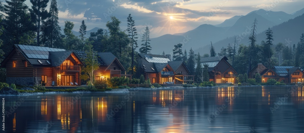 Cozy wooden cabins and lodges nestled in a tranquil alpine village reflected in the still waters of a remote mountain lake bathed in the golden glow of a breathtaking sunset Cozy wooden cabins and lodges nestled in a tranquil alpine village reflected in the still waters of a remote mountain lake bathed in the golden glow of a breathtaking sunset