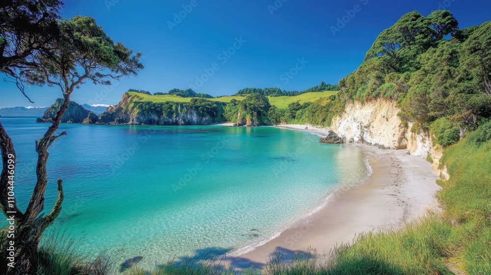 A serene coastal landscape featuring turquoise waters, sandy shores, and lush greenery, Ideal for travel, nature, or relaxation themes in marketing materials, websites, or travel guides, A serene coastal landscape featuring turquoise waters, sandy shores, and lush greenery, Ideal for travel, nature, or relaxation themes in marketing materials, websites, or travel guides,