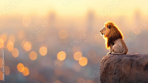   A lion perched atop a rock, gazing onto a fuzzy city skyline during twilight