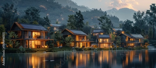 Illuminated wooden cabins nestled along the shore of a serene mountain lake their warm glow reflected on the calm waters at a scenic twilight sunset  Idyllic vacation retreat in a peaceful
