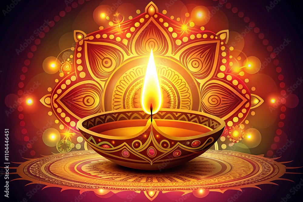 Illuminated diya oil lamp with intricate mandala design, glowing brightly against a dark background. Illuminated diya oil lamp with intricate mandala design, glowing brightly against a dark background.