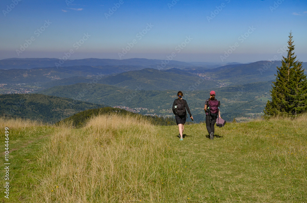 Obraz premium tourists on the trail from Korbielów to Pilsko in the Beskid Mountains 