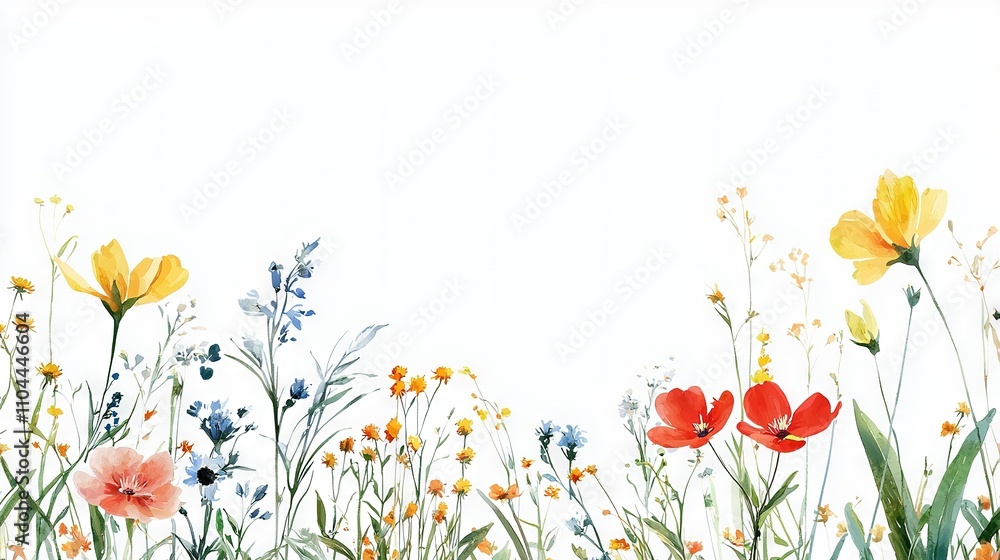 Fototapeta premium An exquisite watercolor depiction of a meadow carpeted with vibrant wildflowers and graceful daisies, set against a pristine white backdrop