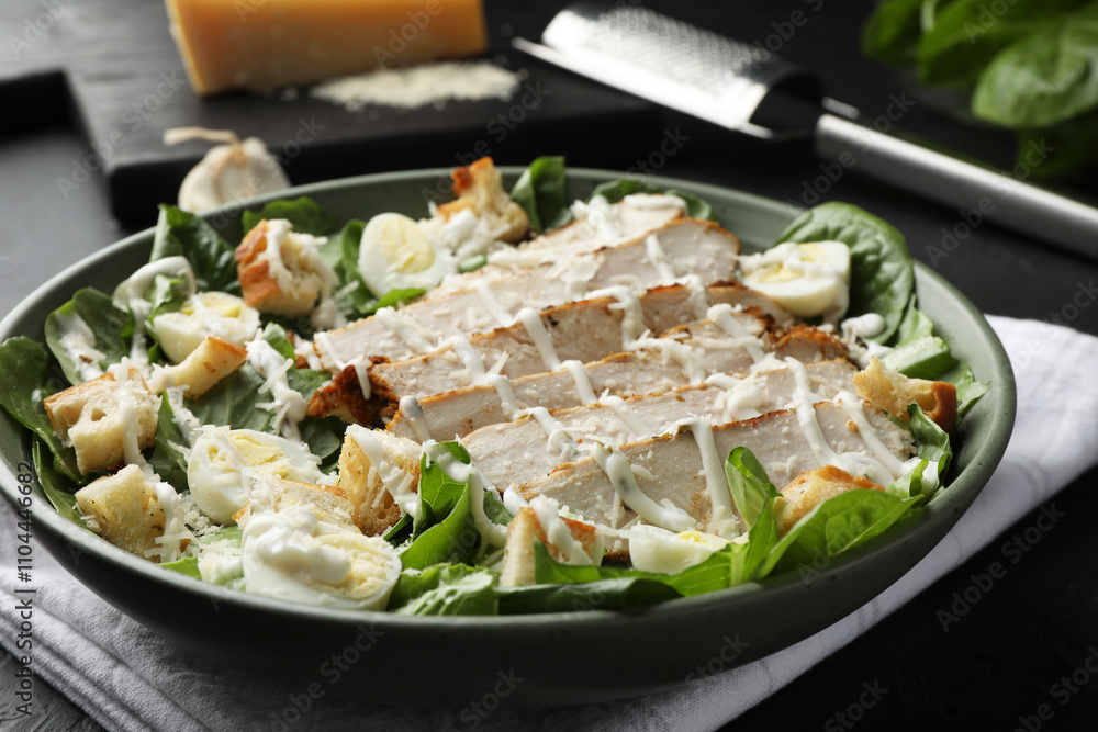 Delicious Caesar salad with chicken on black textured table, closeup Delicious Caesar salad with chicken on black textured table, closeup