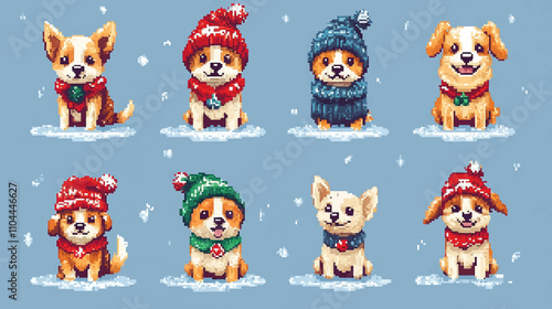 Cute dog breeds. Pixel art 80s style icons stickers and embroidery design. Video game sprite. Set of dog with hats and scarves, winter joy in pixel art vector illustration.