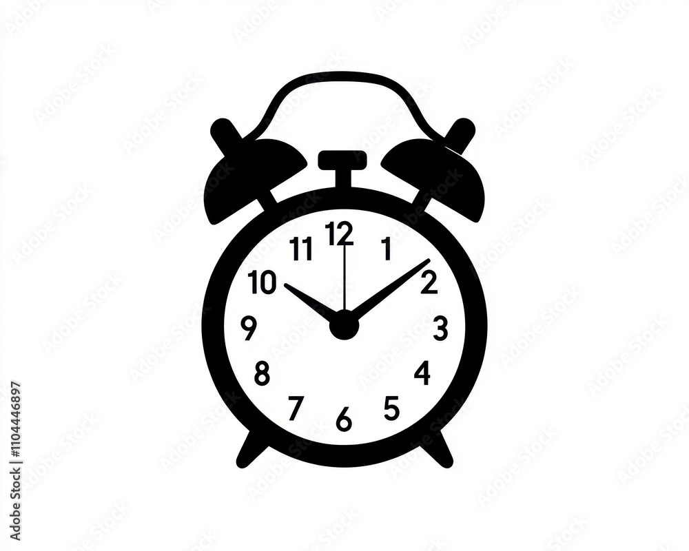 A classic black silhouette of an alarm clock with two bells on top, showing 10:10. A classic black silhouette of an alarm clock with two bells on top, showing 10:10.