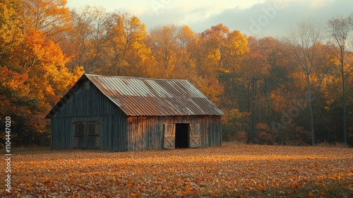 Rustic barn in autumnal forest at sunrise.