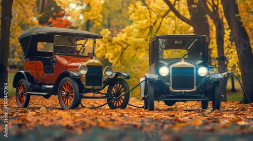 Two vintage cars, a red 1920s model and a black car, parked amid fall leaves, showcasing classic automotive design. photo