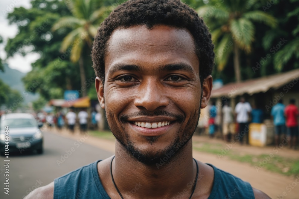Close portrait of a smiling young Papua New Guinean man looking at the camera, Papua New Guinean city outdoors blurred background Close portrait of a smiling young Papua New Guinean man looking at the camera, Papua New Guinean city outdoors blurred background