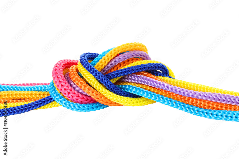 Colorful ropes tied in knot isolated on white. Unity concept Colorful ropes tied in knot isolated on white. Unity concept