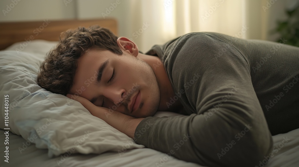Man rests peacefully in bed at home. Closeup view shows relaxed posture. Home comfort, rest highlighted. Man calm, content. Quiet home environment. Man European. Image suggests rest, relaxation. Man rests peacefully in bed at home. Closeup view shows relaxed posture. Home comfort, rest highlighted. Man calm, content. Quiet home environment. Man European. Image suggests rest, relaxation.