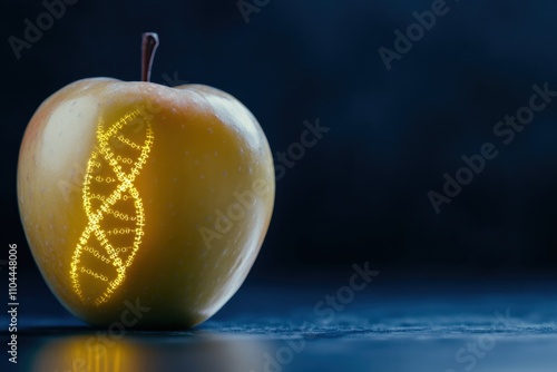 Futuristic genetically modified apple with glowing DNA helix pattern on a dark surface illustrating innovation