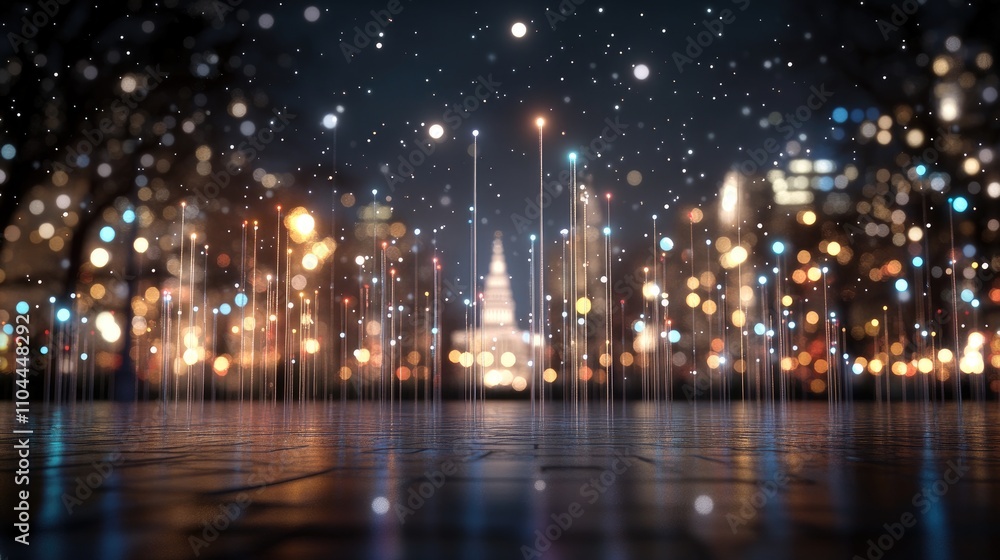 Vibrant lights create a mesmerizing fountain display under a dark sky, showcasing the White House in the backdrop amidst winter serenity Vibrant lights create a mesmerizing fountain display under a dark sky, showcasing the White House in the backdrop amidst winter serenity