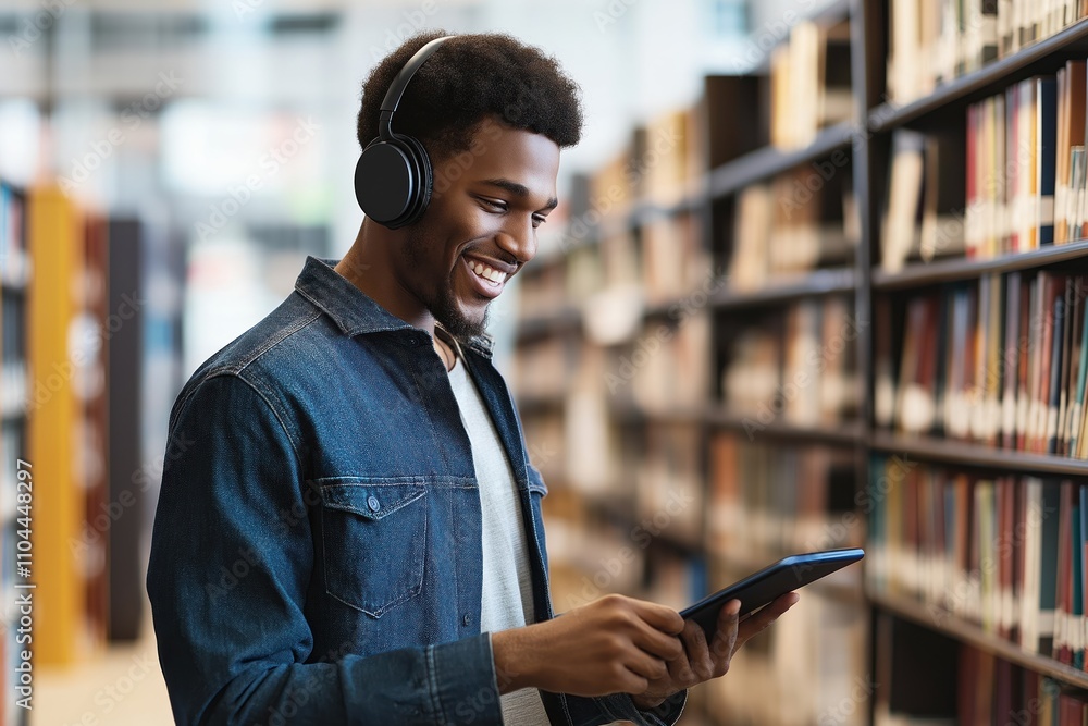 Happy young man uses tablet in library. Wears headphones, denim jacket. Plenty of books on shelves. Man smiling, relaxed. Scene indoors in library. Casual style. Technology use in public place. Happy young man uses tablet in library. Wears headphones, denim jacket. Plenty of books on shelves. Man smiling, relaxed. Scene indoors in library. Casual style. Technology use in public place.