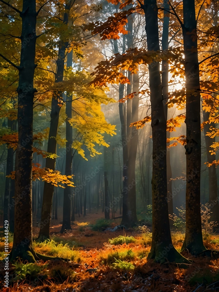 Fototapeta premium Colorful autumn forest bathed in sunlight.
