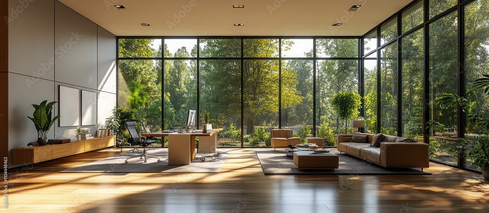 Fototapeta premium Modern office with large windows overlooking a lush forest.