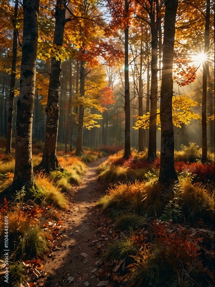Fototapeta premium Colorful autumn forest scene with sunlight.
