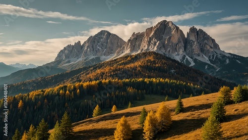 Colorful autumn forest and Dolomites on the hiking trail.
