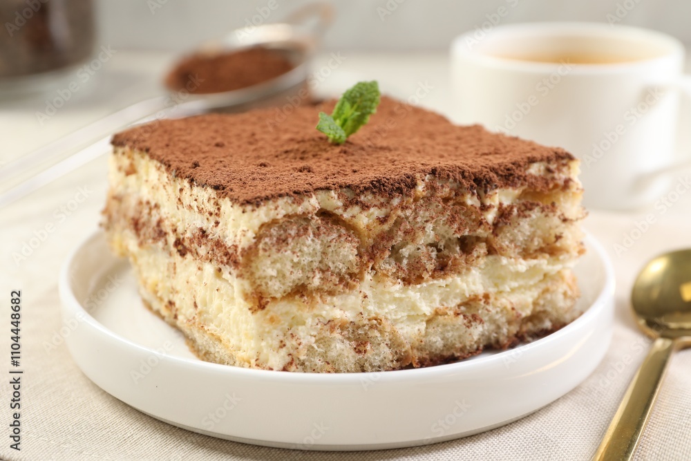 Delicious tiramisu with mint on light table, closeup Delicious tiramisu with mint on light table, closeup