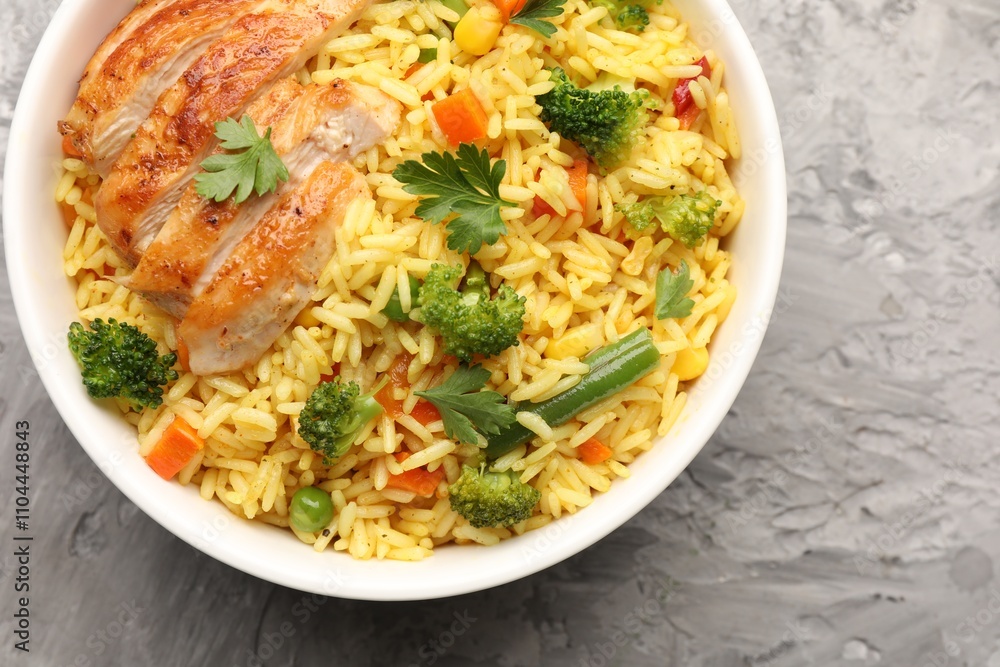 Tasty rice with vegetables and chicken on grey table, top view Tasty rice with vegetables and chicken on grey table, top view