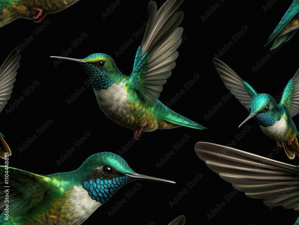 Obraz premium A vivid illustration of hummingbirds in flight against a dark background, showcasing their vibrant plumage and intricate details, perfect for nature-themed designs, educational materials
