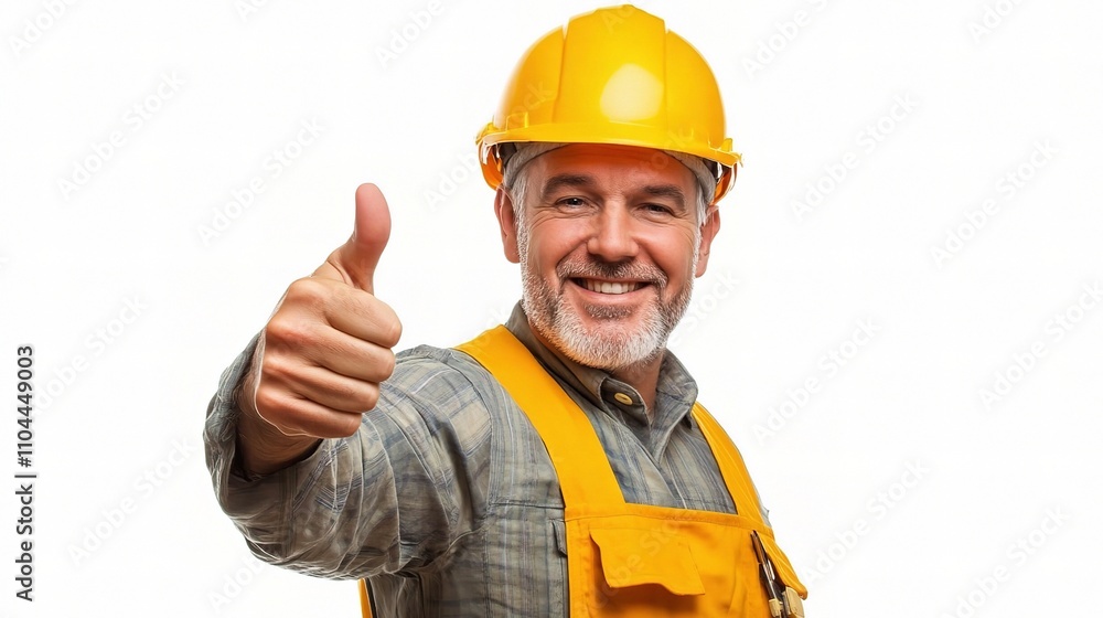 Cheerful Construction Worker with Hard Hat Showing Thumbs Up Cheerful Construction Worker with Hard Hat Showing Thumbs Up