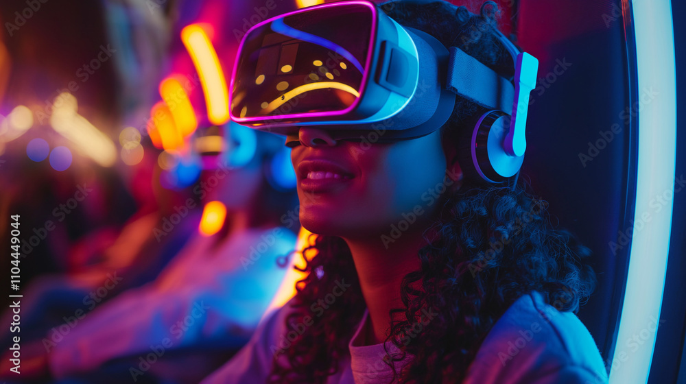 Gen Z girl with VR headsets at arcade game