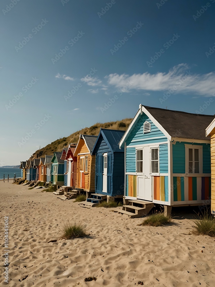Colorful beach huts along a serene coastline under a clear blue sky in summer. Colorful beach huts along a serene coastline under a clear blue sky in summer.
