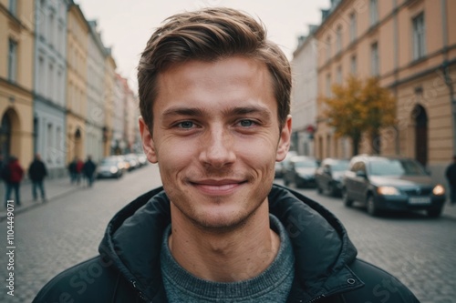 Close portrait of a smiling young Russian man looking at the camera, Russian city outdoors blurred background