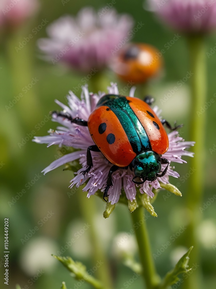 Colorful beetles on flowers with a green grass view. Colorful beetles on flowers with a green grass view.