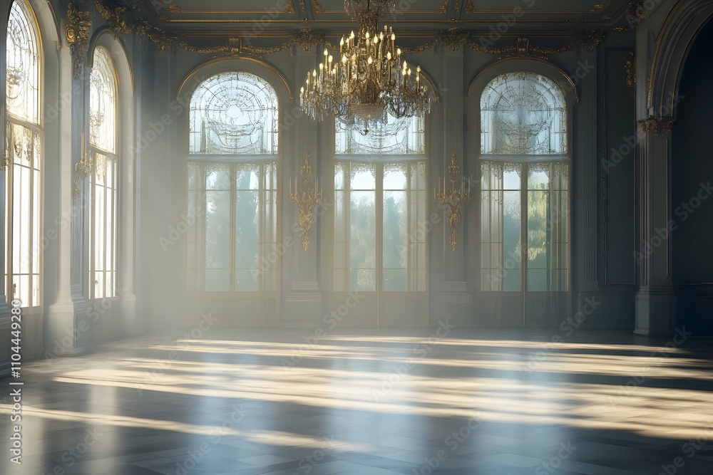 Sunlight streams through ornate windows, illuminating an elegant ballroom