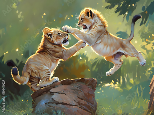 Two lion cubs playfully fighting on a rock in a lush forest with sunlight filtering through the trees. Digital painting with wildlife theme.  photo