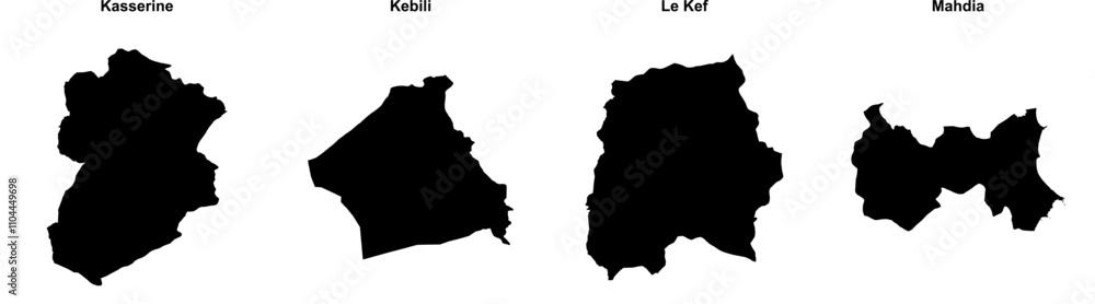 Kasserine, Kebili, Le Kef, Mahdia outline maps Kasserine, Kebili, Le Kef, Mahdia outline maps
