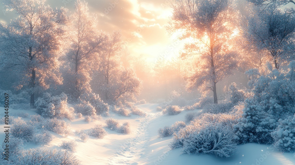 Magical winter sunrise in snowy forest. Magical winter sunrise in snowy forest.