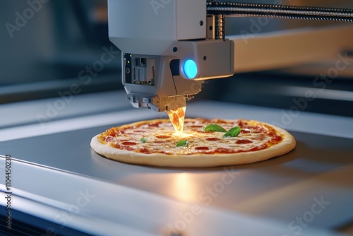 Futuristic 3D food printer innovatively creating a slice of pizza with robotic precision photo