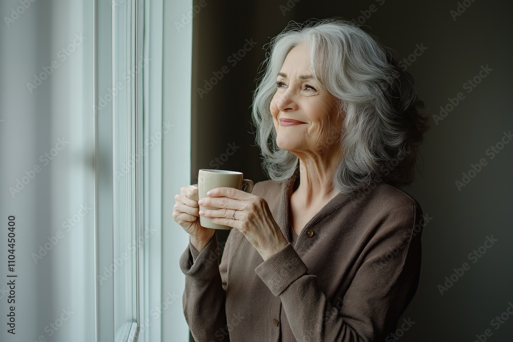 Senior woman enjoys coffee by window. Smiling lady looks out. Relaxed moment indoors. Cozy home scene. Morning light. Warm colors. Happy expression. Comfort. Quiet time. Interior shot. Simple scene. Senior woman enjoys coffee by window. Smiling lady looks out. Relaxed moment indoors. Cozy home scene. Morning light. Warm colors. Happy expression. Comfort. Quiet time. Interior shot. Simple scene.