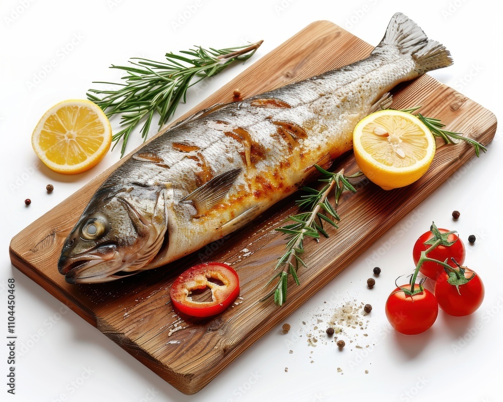 A beautifully cooked fish garnished with lemon, tomatoes, and herbs on a wooden cutting board. A beautifully cooked fish garnished with lemon, tomatoes, and herbs on a wooden cutting board.