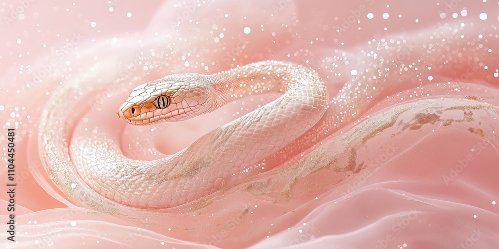 Fototapeta premium White snake coiled on soft pink fabric with shimmering golden accents