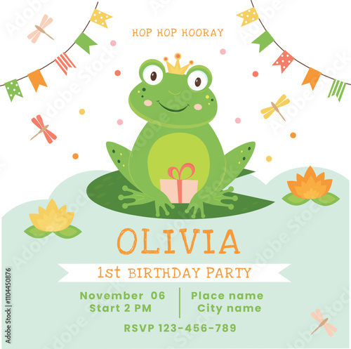Invitation card for birthday party with cute frog princess. Birthday card for girl with cute character.