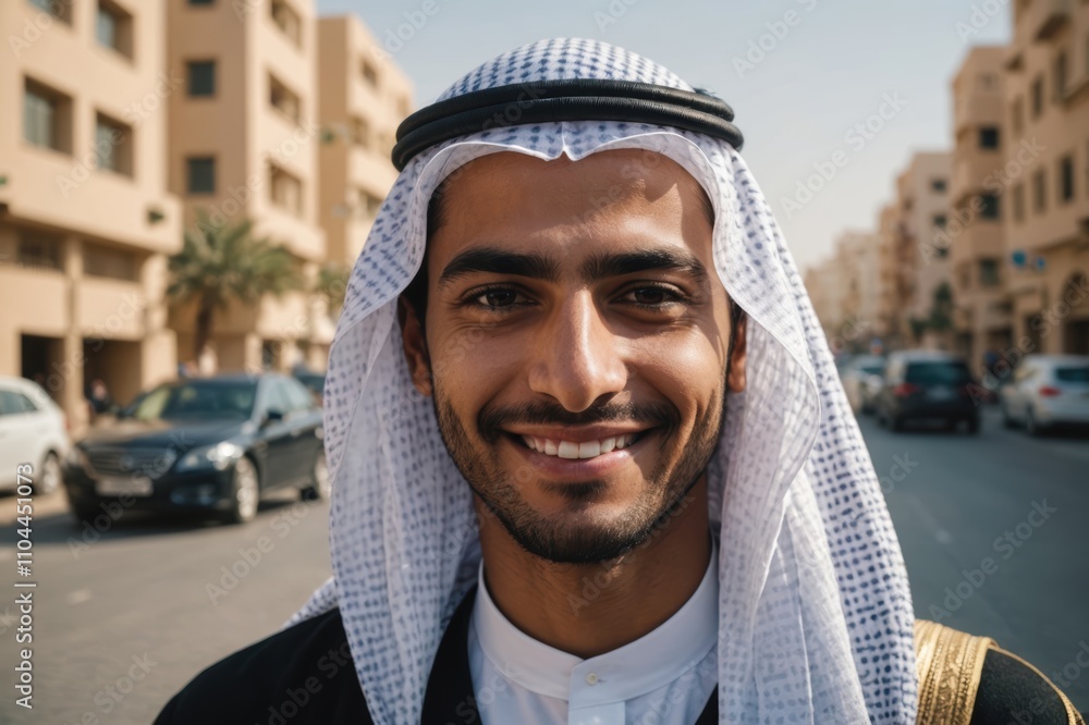 Close portrait of a smiling young Saudi man looking at the camera, Saudi city outdoors blurred background Close portrait of a smiling young Saudi man looking at the camera, Saudi city outdoors blurred background