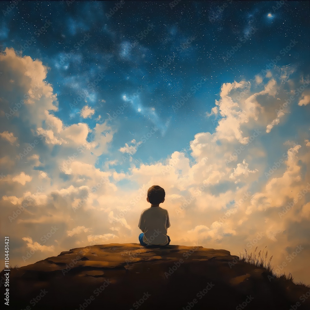 Child sits on hilltop gazing sky. Child looks up at clouds, stars. Calm peaceful scene. Wonderful landscape. Child appears thoughtful, contemplative. Inspiring image. Image embodies connection with Child sits on hilltop gazing sky. Child looks up at clouds, stars. Calm peaceful scene. Wonderful landscape. Child appears thoughtful, contemplative. Inspiring image. Image embodies connection with