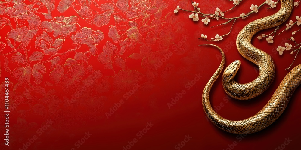 Chinese new year 2025 year of the Snake. Golden snake entwined with floral branches on a bold red textured background Chinese new year 2025 year of the Snake. Golden snake entwined with floral branches on a bold red textured background