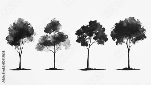 Tree watercolor, Side view green painting, set of graphics trees elements outline symbol for architecture and landscape design drawing. Vector illustration in stroke fill . Tropical, oak, maple.