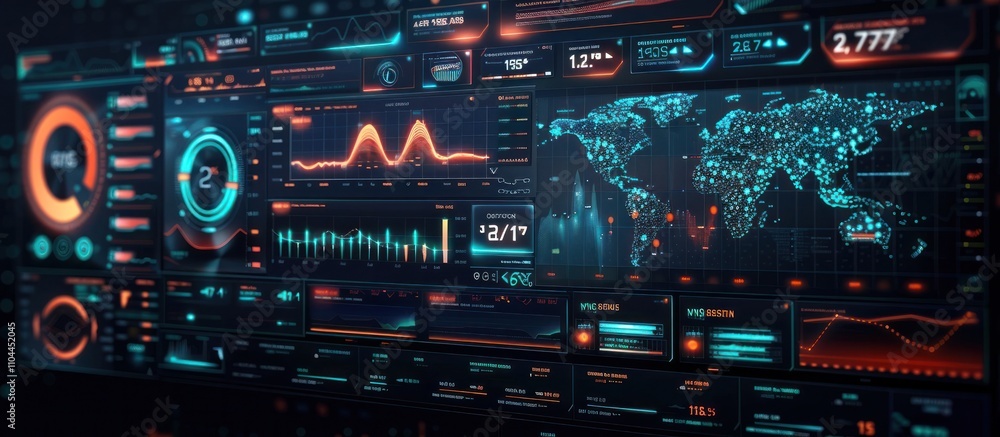 Obraz premium Futuristic digital interface with a comprehensive global data visualization and analytics dashboard showcasing various charts graphs and infographic elements for finance business