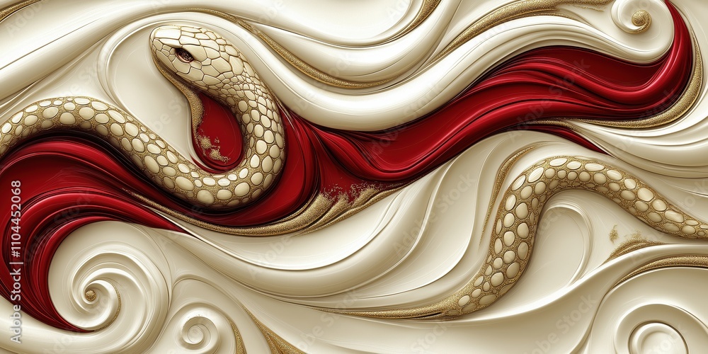 Golden snake intertwined with red and white flowing waves on a textured background Golden snake intertwined with red and white flowing waves on a textured background
