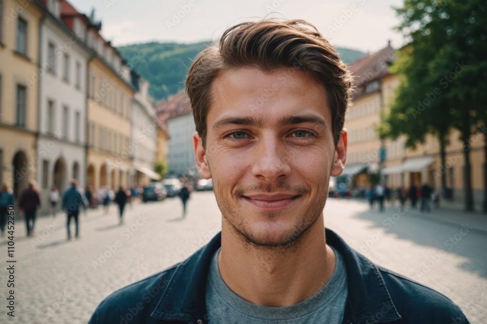 Fototapeta premium Close portrait of a smiling young Slovenian man looking at the camera, Slovenian city outdoors blurred background