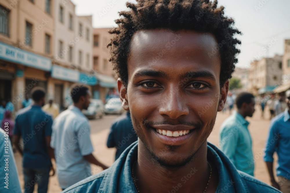 Close portrait of a smiling young Somali man looking at the camera, Somali city outdoors blurred background Close portrait of a smiling young Somali man looking at the camera, Somali city outdoors blurred background