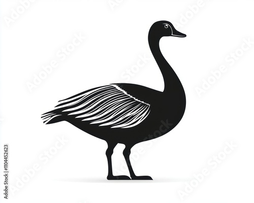 Silhouette of a graceful black swan with detailed feather patterns against a white background. photo