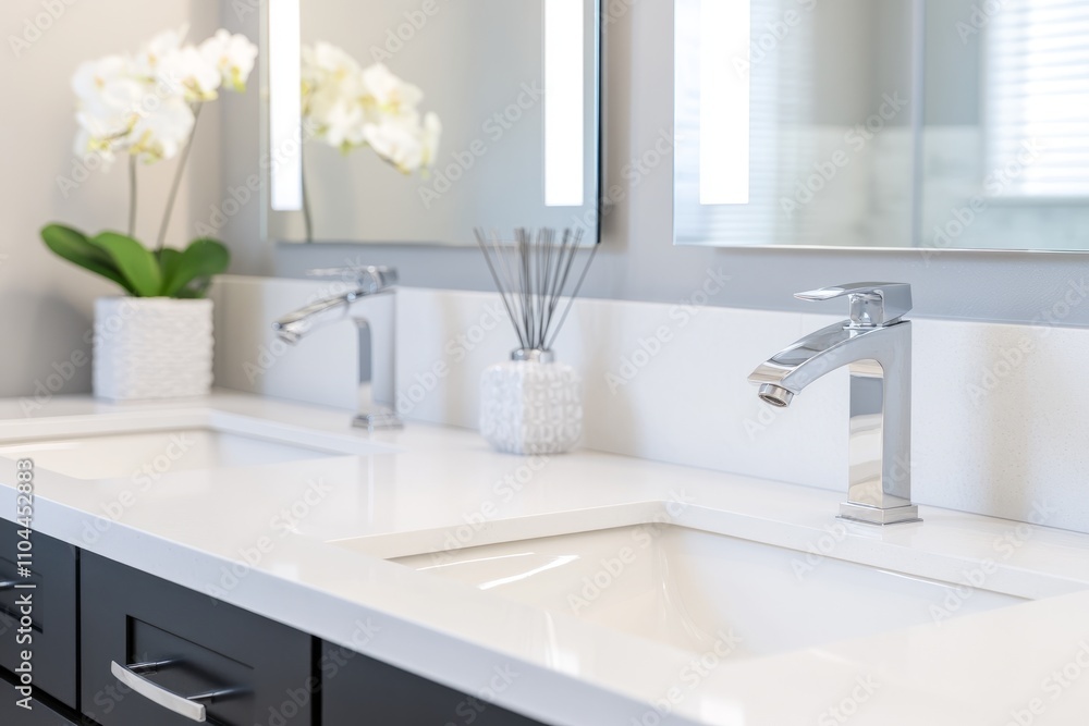 Fototapeta premium Modern sink with a sleek chrome faucet, surrounded by clean countertops and decor.