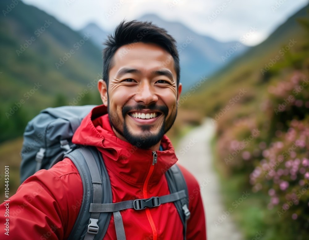 Smiling Asian man hiking in mountains. Tourist wearing active wear and backpack. Happy expression. Outdoors activity. Mountain trail. Beautiful nature. Perfect for travel blog post. Smiling Asian man hiking in mountains. Tourist wearing active wear and backpack. Happy expression. Outdoors activity. Mountain trail. Beautiful nature. Perfect for travel blog post.